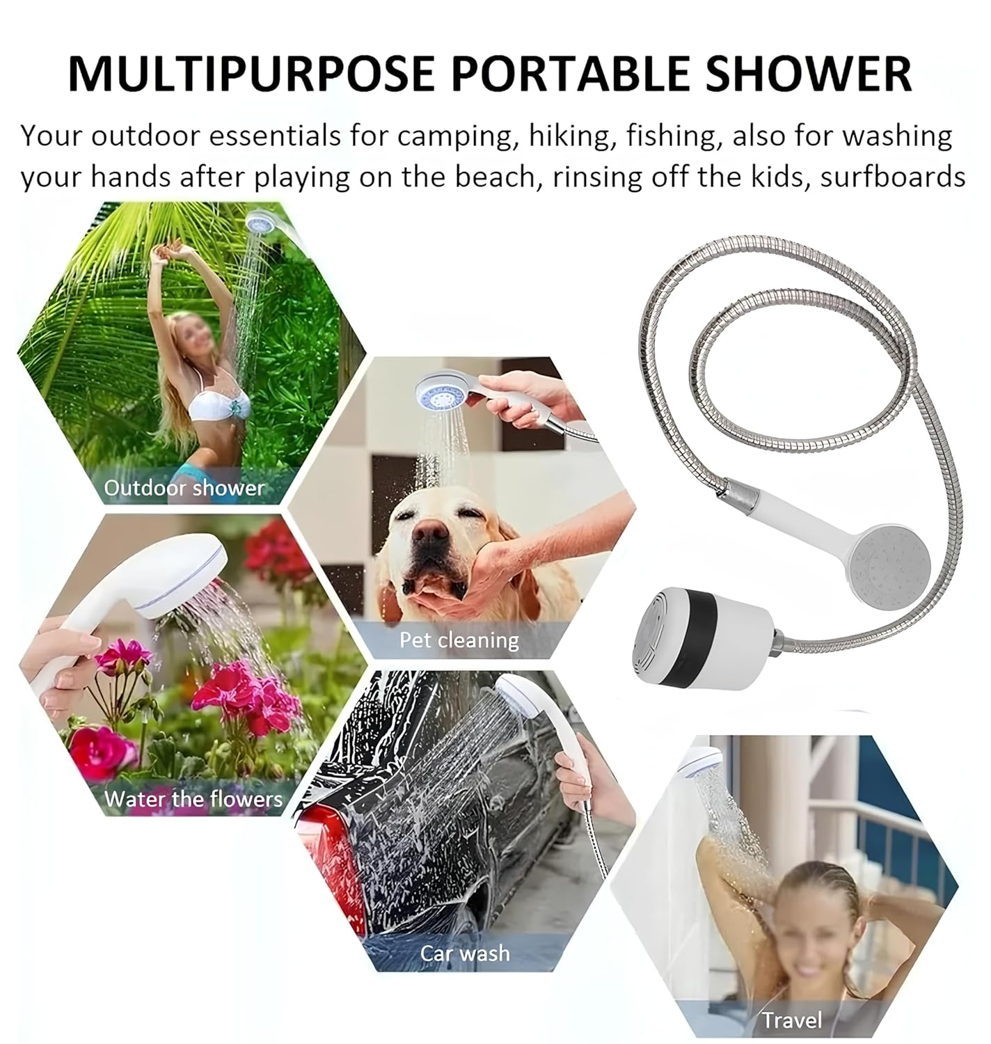 Portable Outdoor Shower Kit (1 Set) - Compact Portable Shower for Camping, Hiking, Car washing and Beach Days – Easy to Use and Rechargeable